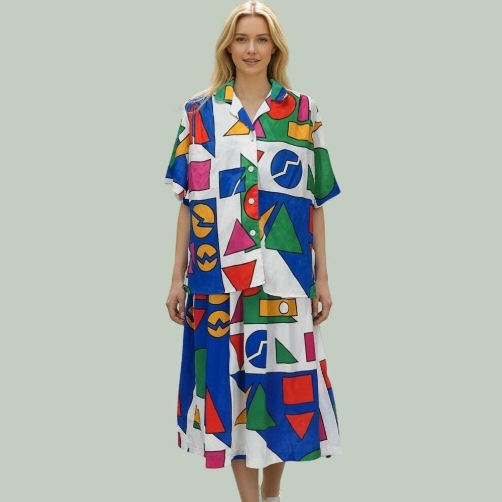 Gianna Memphis Milano Geometric Print 2Pc Skirt Set Color Block VTG 80s USA Made